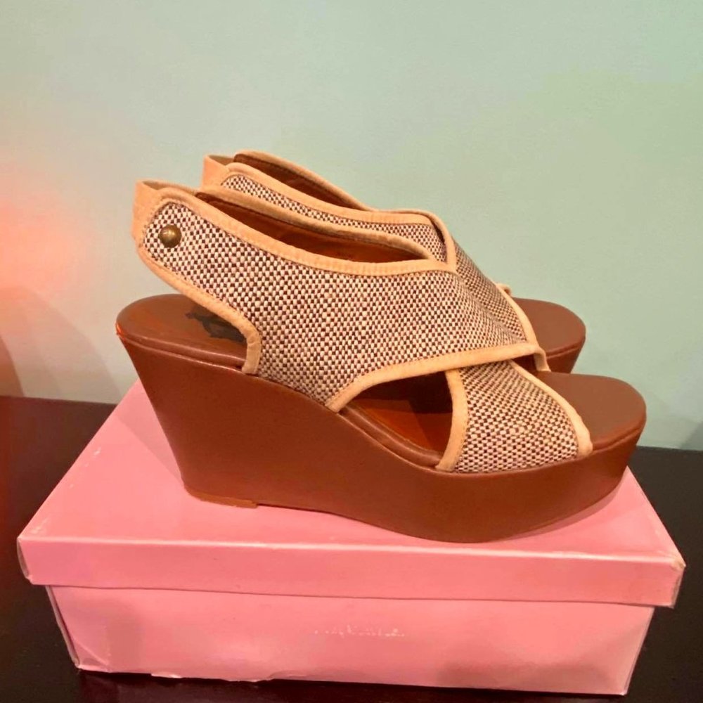 CROWN VINTAGE Beige Canvas Wedge Slip On Open Toe